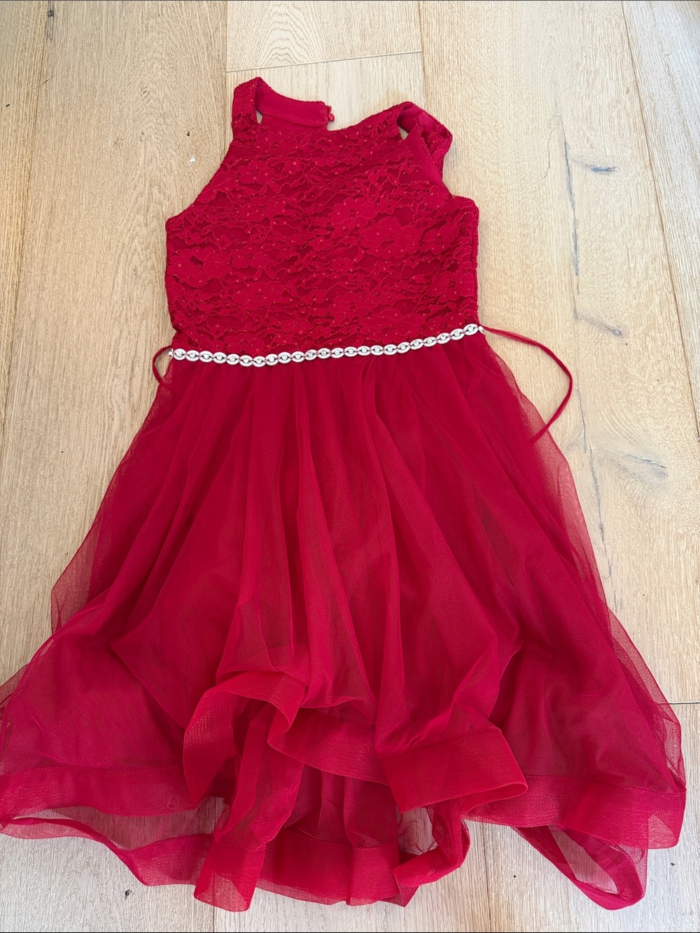 Amazon Red Lace and Tulle Party Dress with Rhinestone Belt